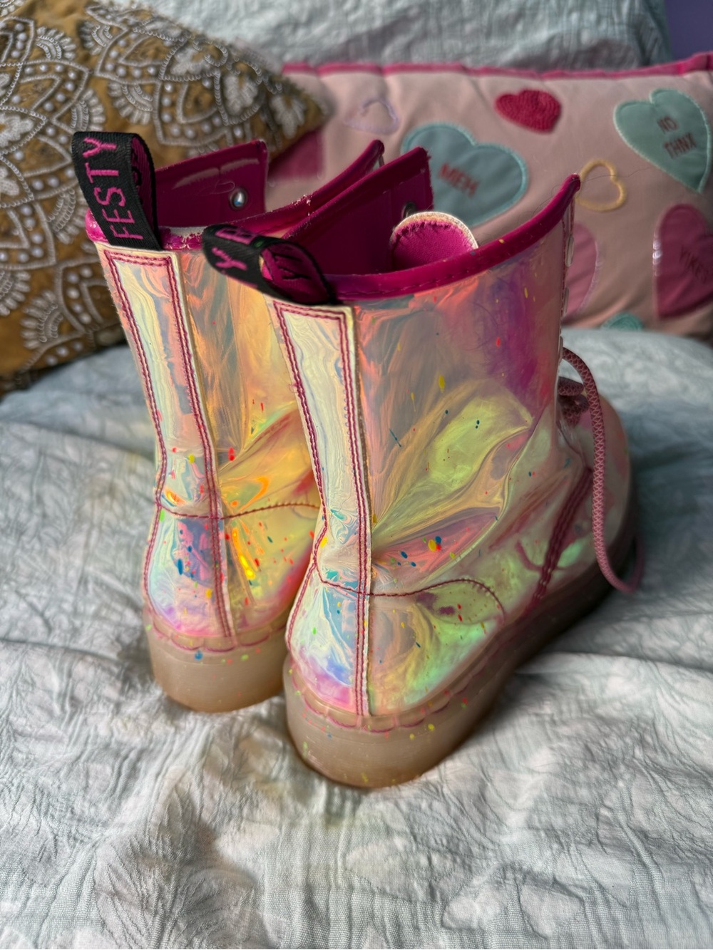 Festy Besty Holographic Pink Combat Festival Boots Rainbow Paint Splatter Size 9 - Picture 2 of 7